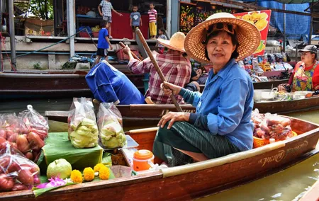 Stroll to the floating and railway market of Samut Song Kram with your own english speaking guide.