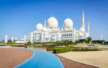 Sheikh Zayed Grand Mosque with Ferrari World from Dubai