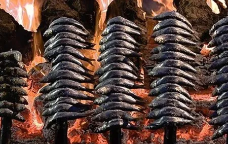 Sardines On Skewers Show Cooking in Malaga beach
