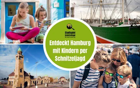 City game scavenger hunt Hamburger Hafen for children - exciting city tour
